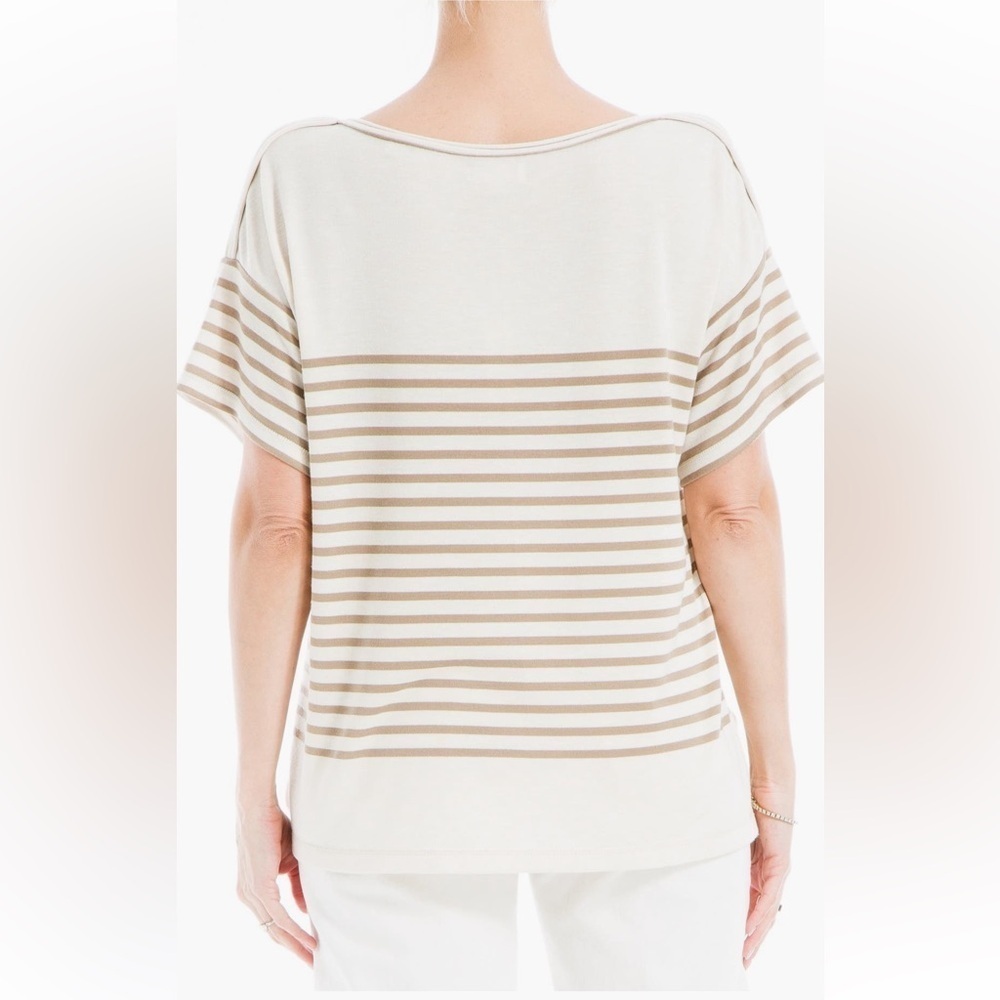 MAX STUDIO Beige and tan Striped Short Sleeve Top size L - Picture 2 of 15